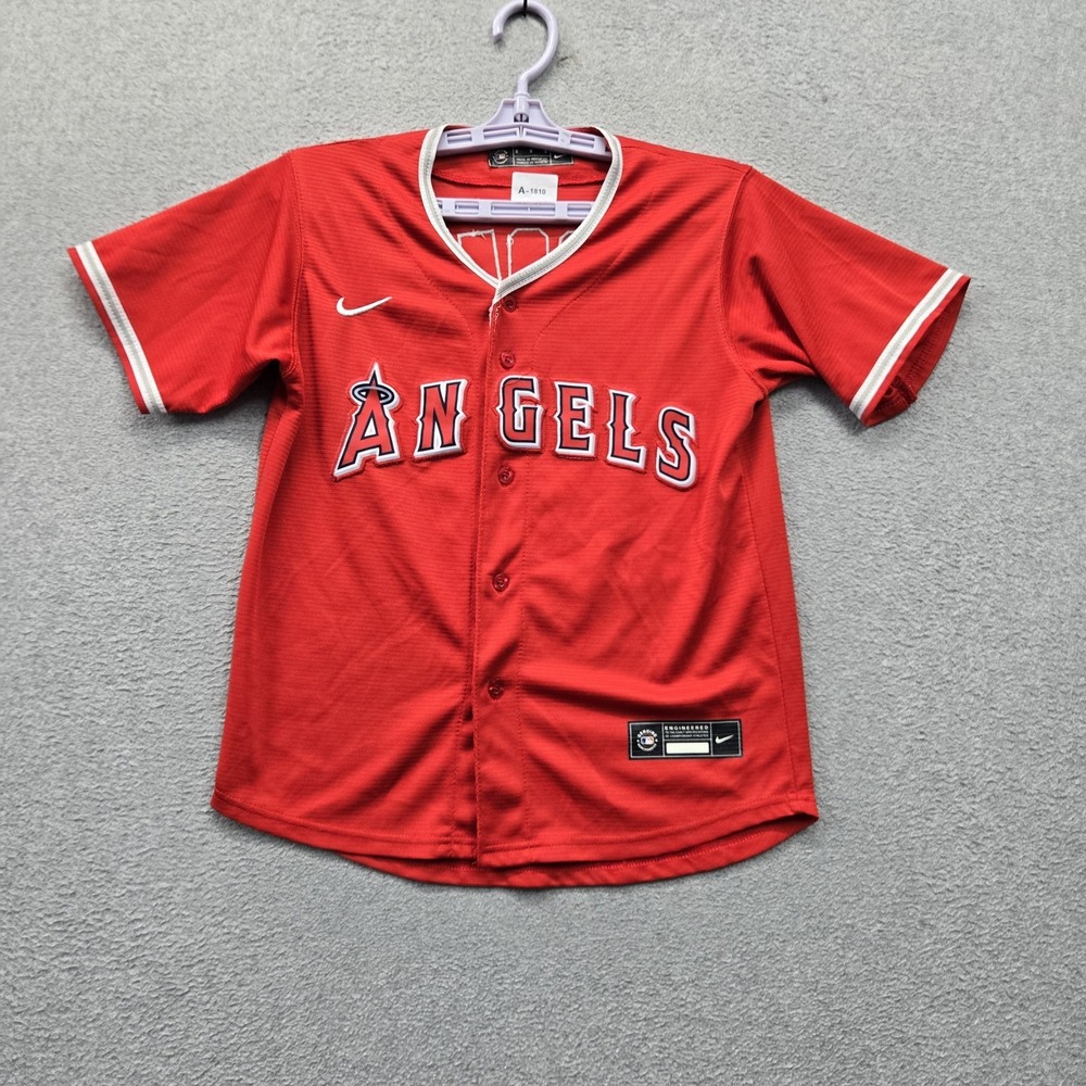 Los Angeles Angels Boy Jersey M Red Nike Trout 27 Baseball Button Logo